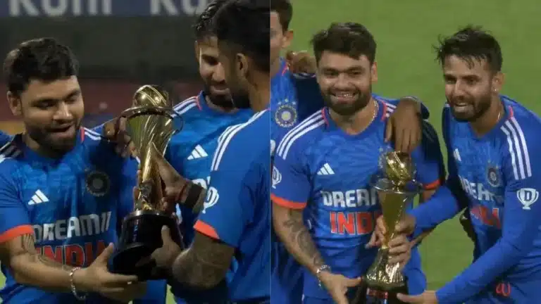 Watch: Suryakumar Yadav hands over trophy to Rinku Singh and Jitesh Sharma after winning Australia T20Is