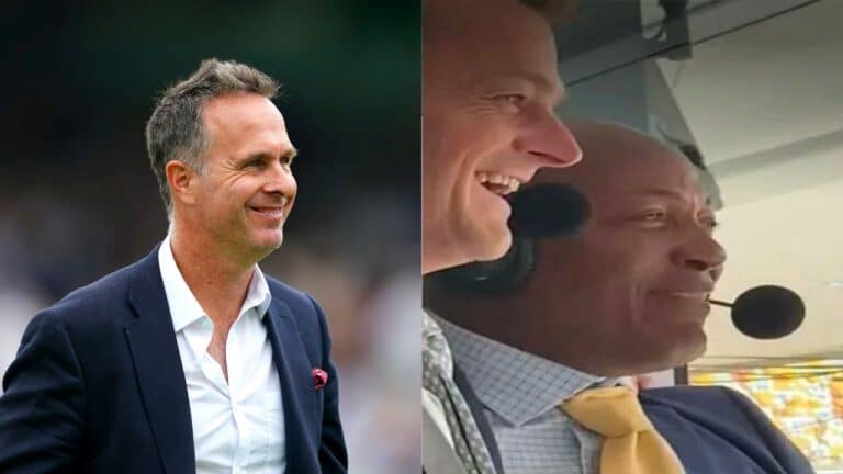 Michael Vaughan reacts as Adam Gilchrist and Brian Lara hug after the West Indies’ victory over Australia