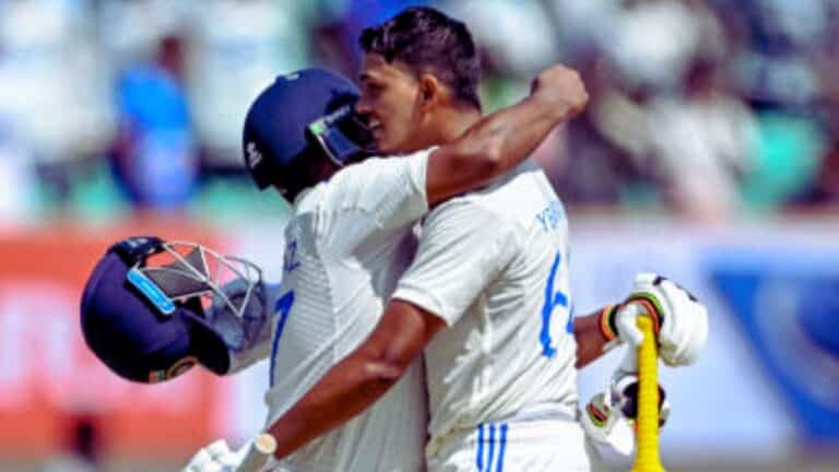 Watch: Sarfaraz Khan lifts his bat in joy to celebrate Yashasvi Jaiswal’s double hundred on Day 4