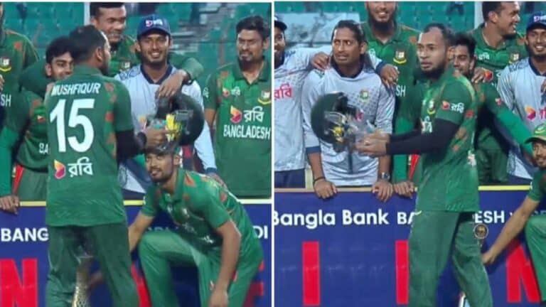 Mushfiqur Rahim trolls Angelo Mathews with broken helmet celebration