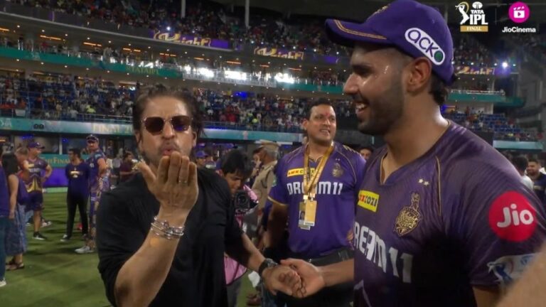 KKR vs SRH: Watch – Shah Rukh Khan emulates Harshit Rana’s controversial ‘flying kiss’ in front of pacer after IPL 2024 win