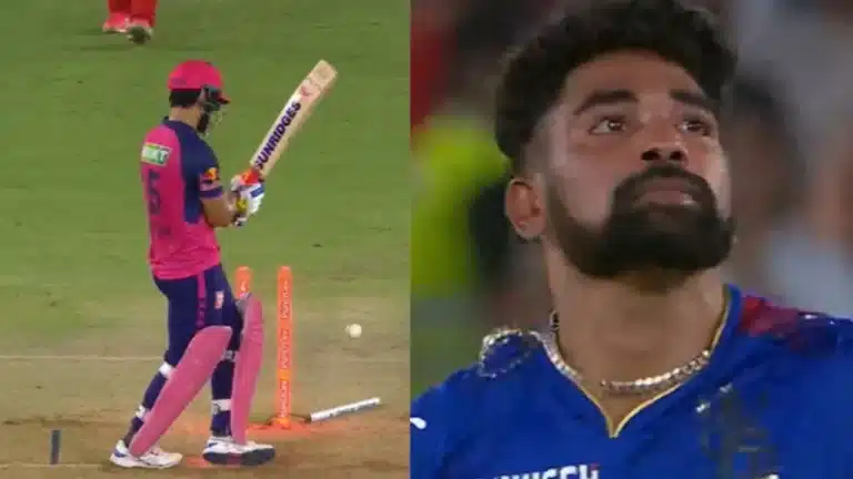 RR vs RCB: Watch: Mohammed Siraj shakes Riyan Parag’s stumps as the latter tries to play a big shot