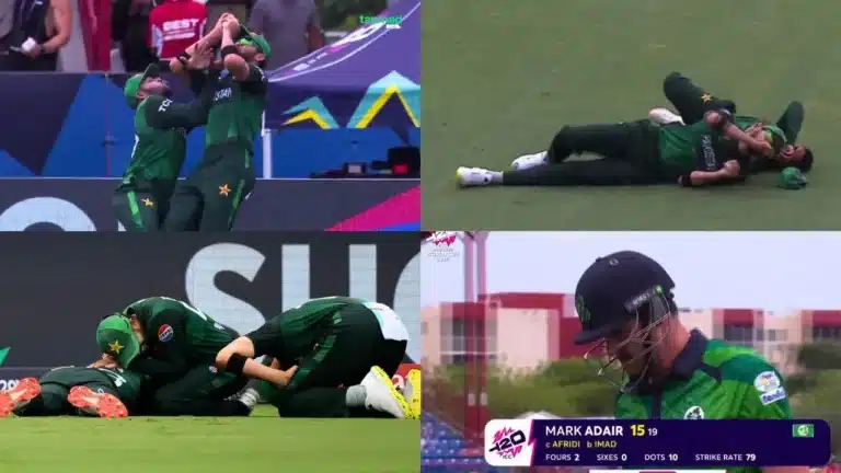 See: Pakistan Vintage Countryside!  Shaheen Afridi and Usman Khan involved in nasty collision as they look to catch to dismiss Mark Adair