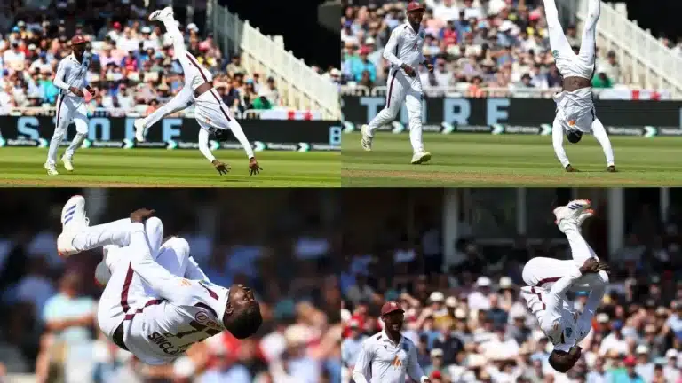 Watch: Kevin Sinclair performs his trademark somersault to celebrate after eliminating Harry Brook and wowing the England crowd