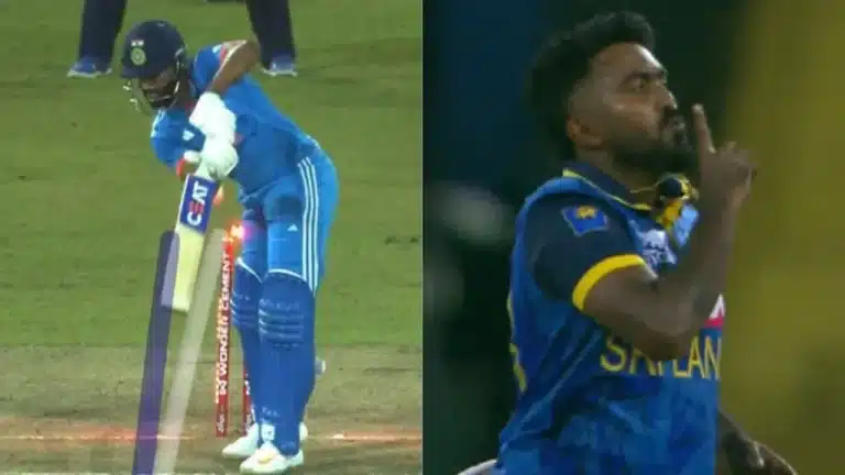 Watch: Asitha Fernando celebrates with a ‘shush’ after rattling Shreyas Iyer’s stumps