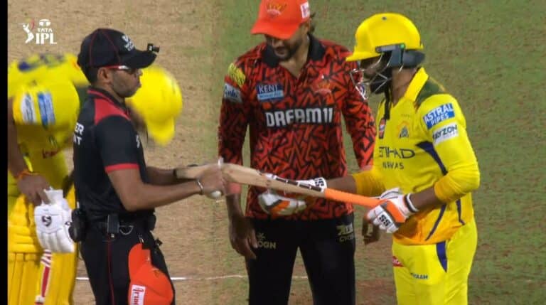The referees force Ravindra Jada to change the bats after failing the caliber test during CSK vs SRH IPL 2025 Party