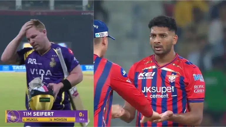 Fold! Mohsin Khan gives a fiery farewell to Tim Seifert after dismissing the KKR batsman for a duck in the KKR-LSG clash.